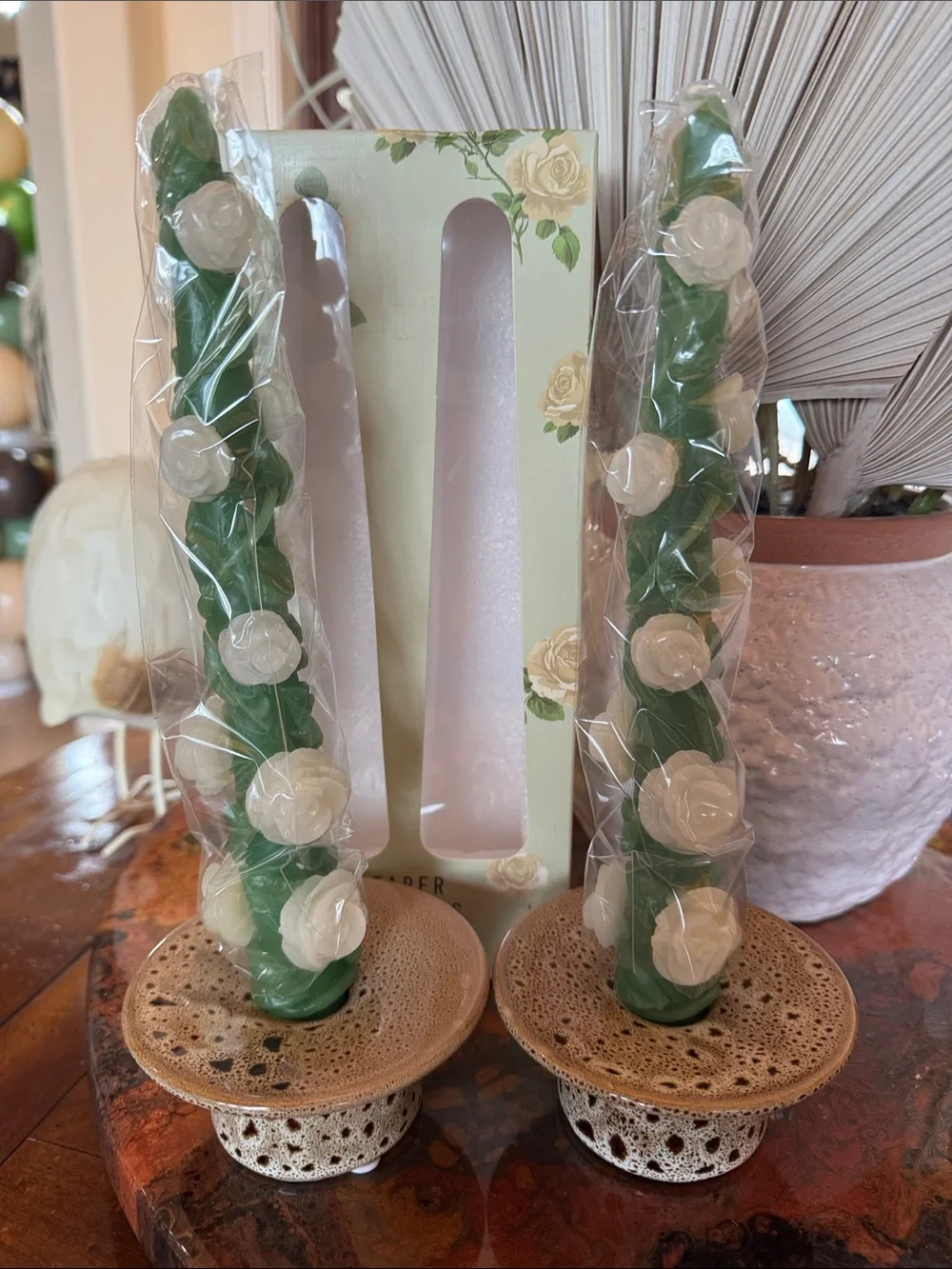 Anthropologie (2) Green Taper Candle Pair & Candle Holders